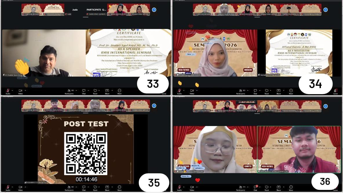 Keterangan : Gambar 33 Penyerahan sertifikat Kepada Narasumber Keempat dan Sesi Dokumentasi, Gambar 34 Penyerahan Sesi Kepada MC dan Penyerahan Sertifikat Kepada Moderator Kedua, Gambar 35 Post-Test Sekaligus Presensi Akhir Peserta, Gambar 36 Penutupan Ac